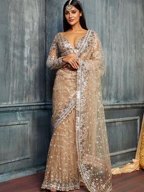 Lashkaraa Embellished Nude Beige Saree Dress with Sheer Sequined Drape